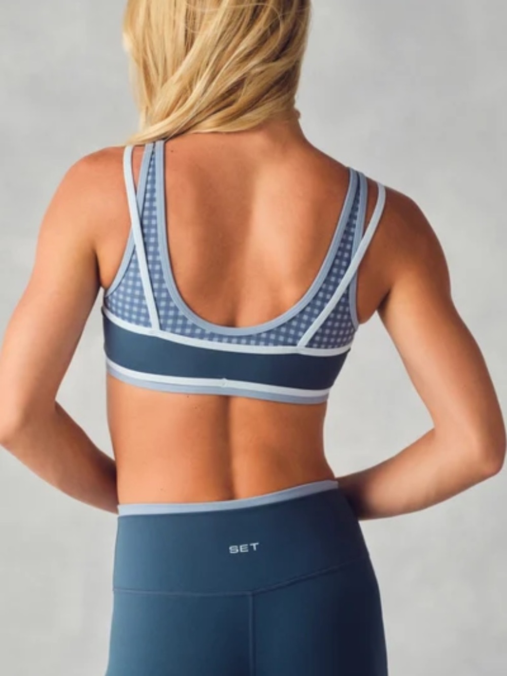 Set Active Luxform Lux Gingham Tempo Bra Blue Hammock Small BNWT Sold Out Gym - Picture 2 of 8